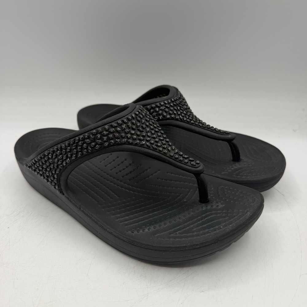 Crocs Sloane Sandals Womens 7 Black Embellished Thong Slip On Comfort Flip Flops